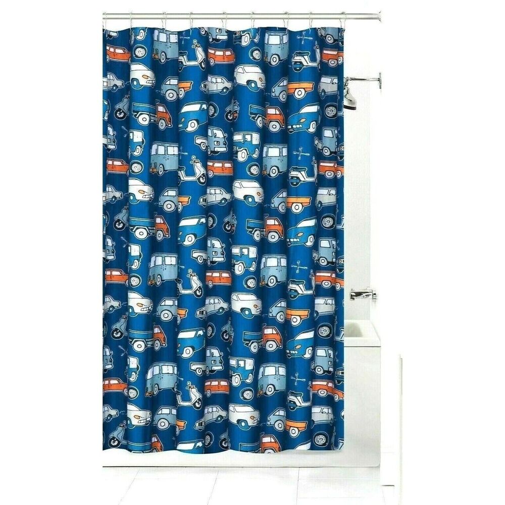 Retro Car Club Shower Curtain Truck Van Jeep Station Wagon Scooter Blue Bath NEW